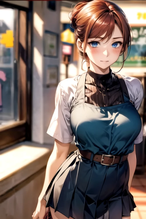 (masterpiece:1.2, highest quality), (Realistic, photoRealistic:1.4), Beautiful illustrations, (Natural Side Lighting, Cinema Lighting), 
Looking at the audience, Face Focus, Upper Body, 1 female, Japanese, Perfect Face, Perfect body, Symmetrical cute face, Shiny skin, Baby Face, Big Breasts:1.4, Hair between the eyes, Emerald green eyes, Captivating thighs, thin, 
Beautiful Hair, Beautiful Face, thin and beautiful eyes, Beautiful clavicle, Beautiful body, Beautiful breasts, Beautiful thighs, Beautiful legs, Beautiful fingers, Are standing,(masterpiece:1.2, highest quality), (Realistic, photoRealistic:1.4), Beautiful illustrations, 
Looking at the audience, 1 female, Japanese, ((Redhead chignon:1.5)), blown 髪, bangs, 髪 between eyes, Big Breasts, 
beautiful 髪, Beautiful Face, Beautiful and detailed, (blue eyes:1.3), Beautiful clavicle, Beautiful body, Beautiful breasts, Beautiful thighs, Beautiful legs, Beautiful fingers, (Inside a convenience store:1.4),
((Collared short-sleeved shirt, Green pleated skirt, belt, apron:1.3, choker)), 
(Are standing), 
(glare at the viewer while blushing:1.3)