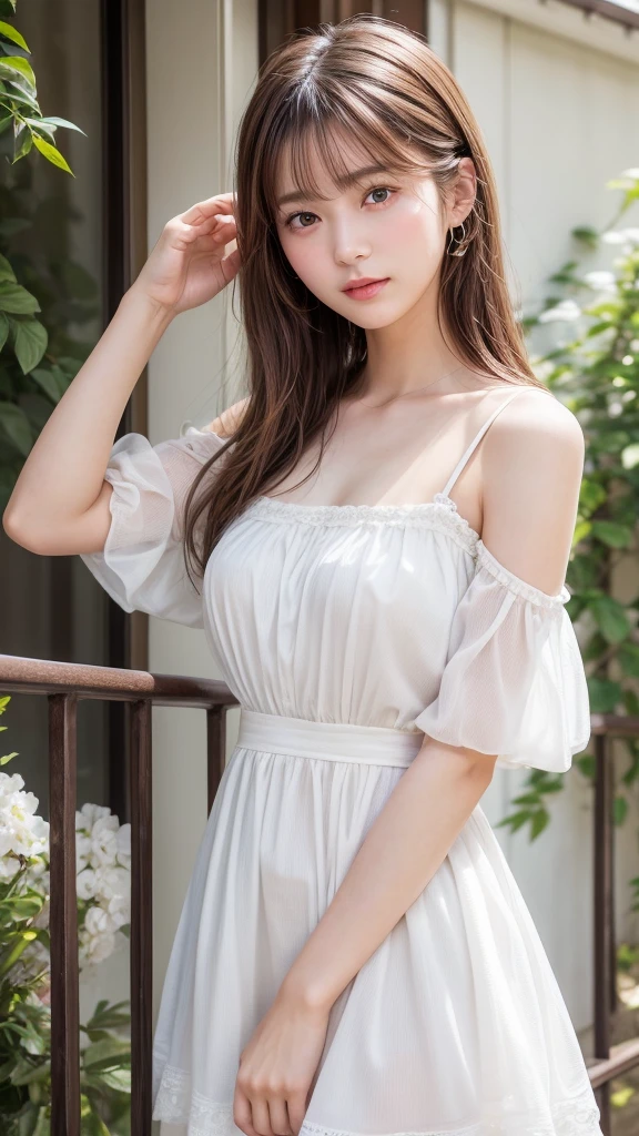 Best image quality、8k、masterpiece：1.3))、Realistic high-quality photos、highest quality、Girl cute beautiful face、Beautiful 20 year old Japanese girl、Beautiful girl model、若いJapanese girl、Young and pretty face、Japanese girl、20 year old female model、Beautiful model girl、The innocent look of the girl next door、A lovely and delicate face、brown hair、Beautiful brown eyes、Tear bags、drooping eyes、Fashionable,big breasts、Pure white dress