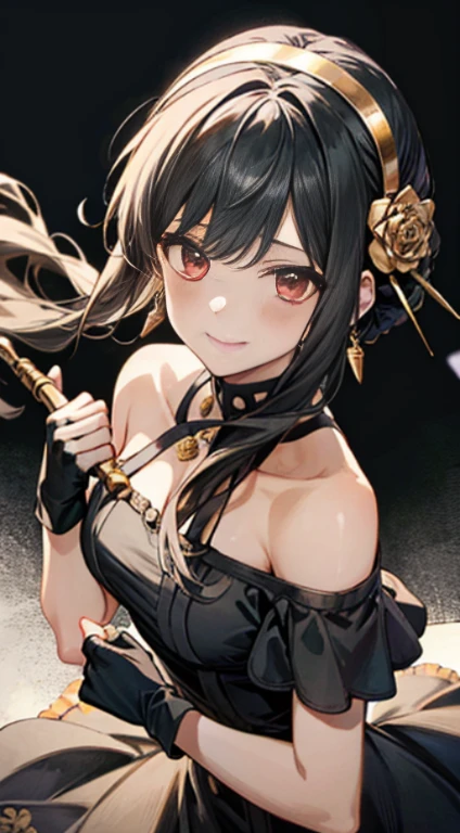 yor briar, anime style beutiful woman, 1girl, happy, smile, red face, closed mouth, beautiful detailed eyes, super detailed skin, backlighting, bare shoulders, black background, black dress, black gloves, black hair, breasts, dress, earrings, fingerless gloves, floating hair, floral print, flower, gloves, gold earrings, gold hairband, hair flower, hair ornament, hairband, holding, holding weapon, jewelry, large breasts, long hair, looking at viewer, off-shoulder dress, off shoulder,red eyes, short hair with long locks, sidelocks, solo, spikes, thighs, two-sided dress, two-sided fabric, weapon, fighting stance , face, close up, from above, highest quality, high resolution. 