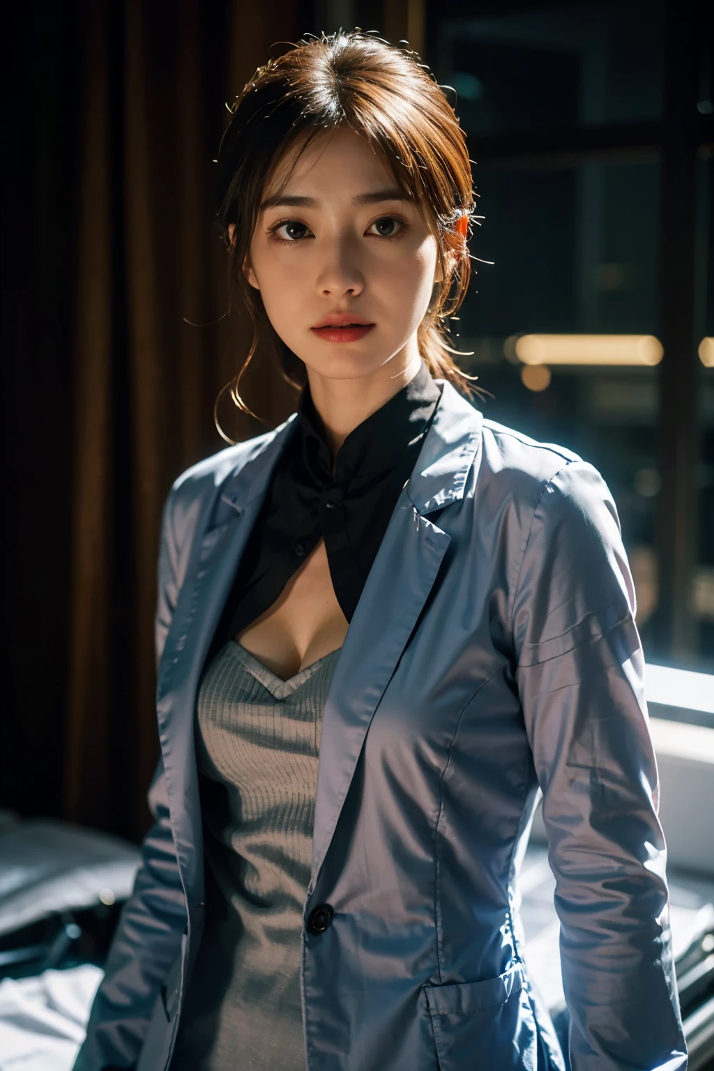 Female doctor,Wearing a doctor's uniform,Realistic,Dynamic Light,Brush Cut,Thin body type,Cleavage,Full Shot,(Highly detailed CG synthesis 8k wallpaper),High detail,Fixing sharp focus,dramatic,Sagging under the eyes,eyelash,Photorealism