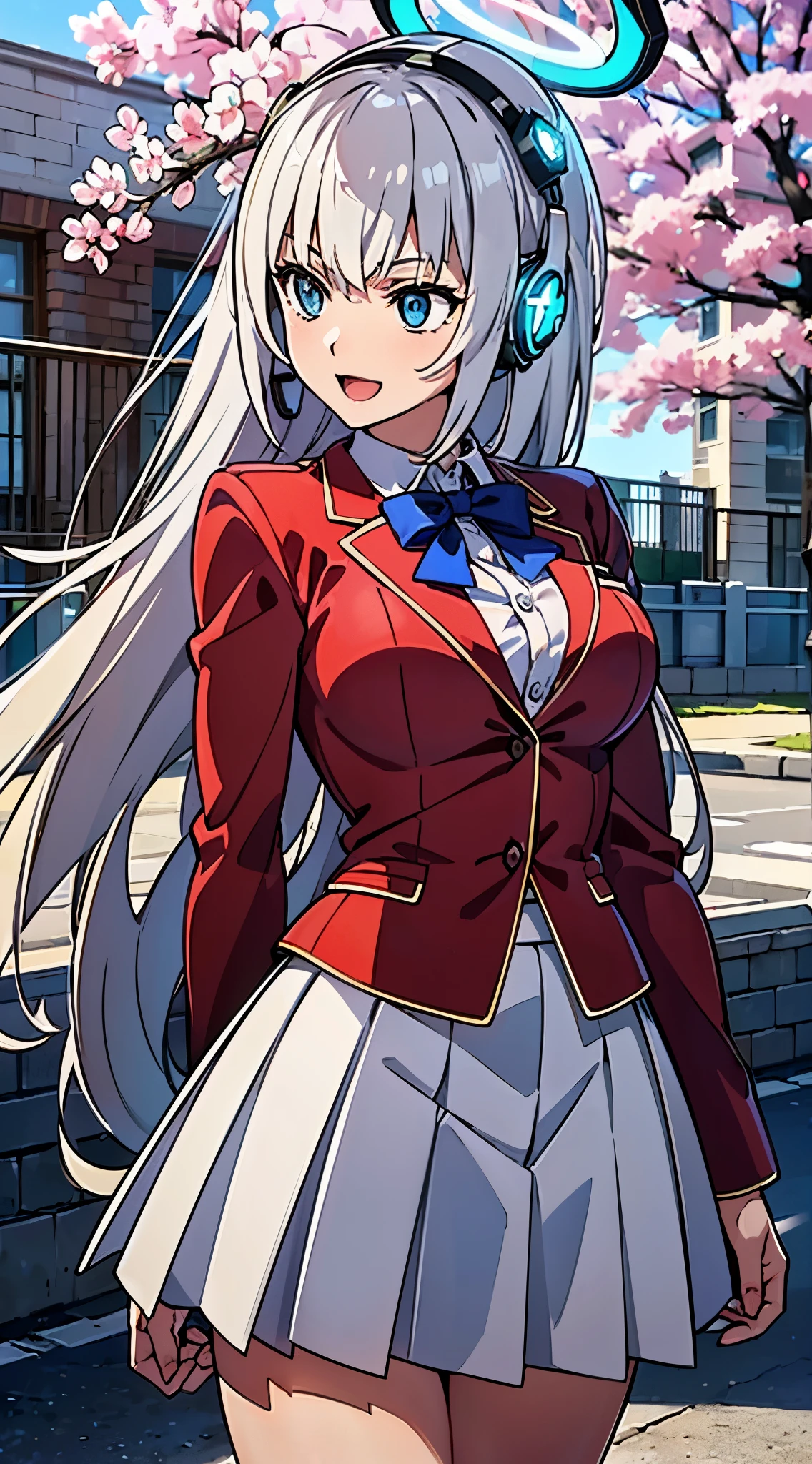 ((Blue shining mechanical eyes:1.4))、((8k)), ((32k)), ((highest quality)), ((masterpiece)), ((超A high resolution)), ((Tmasterpiece)), ((halo:1.4))、((銀色のメカニカルheadgear:1.4))、((Silver Cyber Headphones:1.3))、Fine skin, High-quality fabric、((Beautiful and dense face))、RAW Photos、Professional, Ultra-fine painting, ((alone)), Beautiful breasts、highest quality, Very detailed, Very detailed詳細, The finer details, so beautiful,bangs, blue eyes, Blue bow tie, Collared shirt, Red blazer, Red jacket, Long sleeve, Pleated skirt, White Skirt, smile, Open your mouth, Are standing, cowboyshot, Leaning forward, Put your arms behind your back, Outdoor, cherry blossoms, cowboy_shot, Side Focus, headgear, Shiny、(Five Fingers, Four fingers and a thumb)、 (((Long silver hair)))、Sleek and intimidating design,8k high quality detailed art, 3D rendering of character art in 8k, neat legs, Defined, Defined fingers,((headshot:1.3))