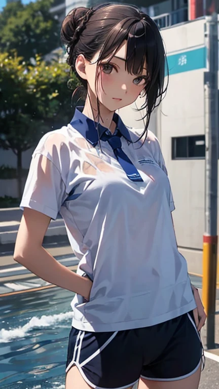 best quality, masterpiece, Ultra-high resolution, original photo, (lifelike:1.4), 1 girl, Detailed face, Cowboy shooting, exist (Blue collar white tight shirt, Tight high-cut blue sports shorts,White and transparent),exist学校厕所里,躺exist充满水的浴缸里,躺exist充满水的浴缸里,legs spread,legs spread,turbulent attitude,turbulent attitude,Large Breasts, protrude, protrude,protrude,Unbuttoned clothes,,All clothes are soaked through, All clothes are soaked through, Wet clothes cling to the body, Wet clothes cling to the body, (Yao Liu:1.2), Tie your hair into a bun,Tie your hair into a bun, Bokeh, beautiful lightexistg, model posexistg, Perfect body,Pretty face,Beautiful -yeld giPull up to show underwear,legs spread,There is a sticky liquid flowing down the inside of the leg,The front of my pants is soaked,Transparent underwear,The small seam below is recessed,Water leaks out from the cracks,Soaked underwear,Upper front of hip,Exposure