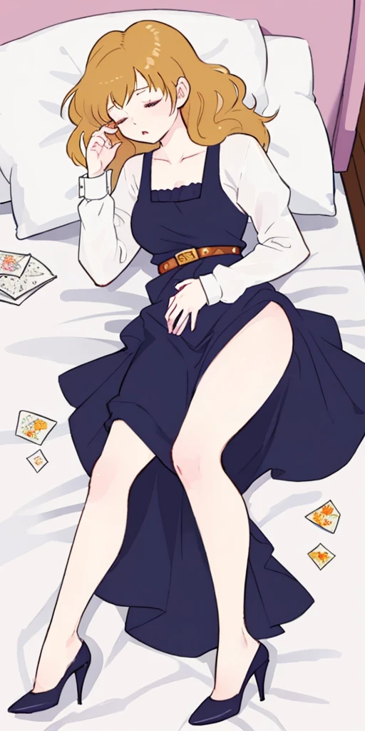 (lISA lISA:LORA), Full body, fetal position, sleeping on bed in the bedroom, high heels, ((Stunning Artwork)), dnd style female slaves