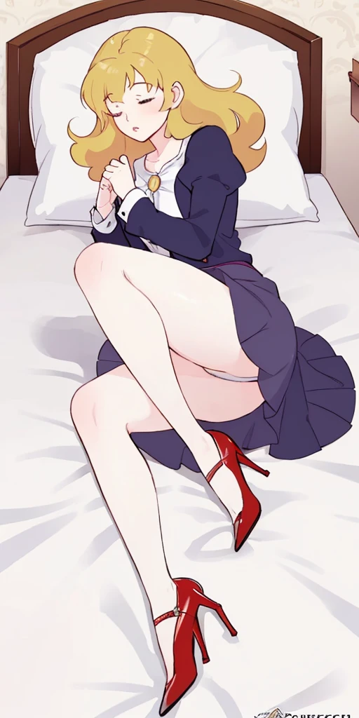 (lISA lISA:LORA), Full body, fetal position, sleeping on bed in the bedroom, high heels, ((Stunning Artwork)), dnd style female slaves