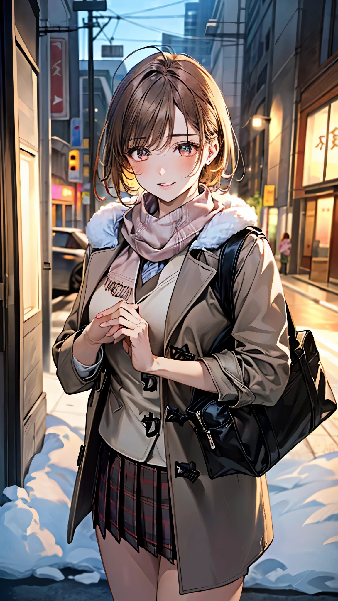 (masterpiece:1.3, top-quality, ultra high res, ultra detailed), (realistic, photorealistic:1.4), beautiful illustration, perfect lighting, natural lighting, colorful, depth of fields, surrealism,
beautiful detailed hair, beautiful detailed face, beautiful detailed eyes, beautiful clavicle, beautiful body, beautiful chest, beautiful thigh, beautiful legs, beautiful hands,
looking at viewer, (cowboy shot), 1 girl, high school girl, (perfect hands, perfect anatomy, anatomically correct), cute and symmetrical face, babyface, perfect face, perfect eyes,
(short hair, side ponitail, orange hair), marron eye, long eye lasher, (medium breasts), slender, white skin, shiny skin,
((detailed cloth texture, winter clothes, light pink scarf, light brown duffle coat, red pleated mini skirt, white fluffy hair band), carry bag),
(beautiful scenery), winter of japan, daylight, (city), standing, (versatile sexy poses), (lovely smile, upper eyes, parted lips),
