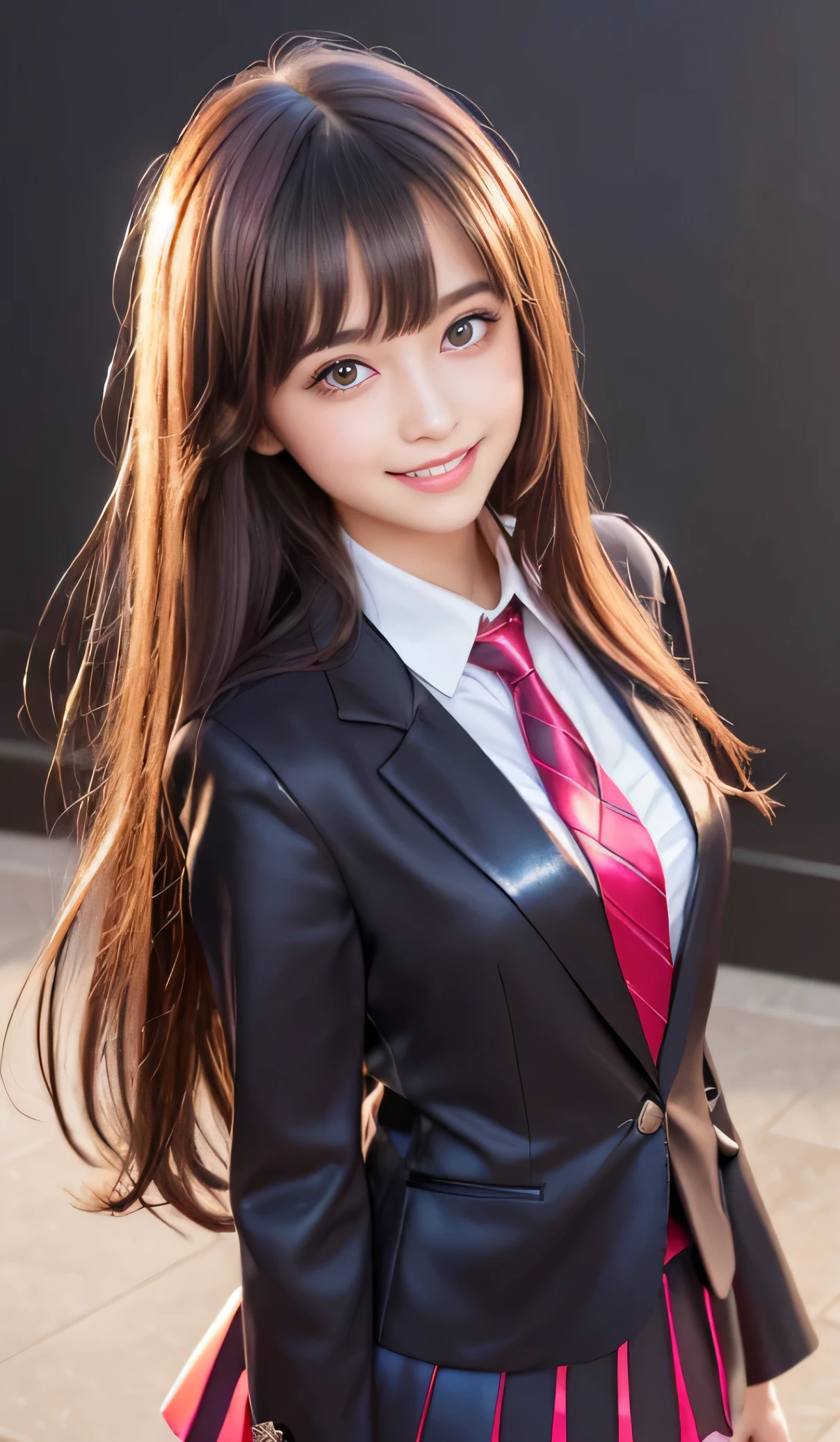 Angelic Very beautiful cute young girl, Beautiful detailed eyes, Detailed double eyelids, (Large eyes:1.3), Long straight brown hair, see-through bangs, beautiful detailed face and eyes, small straight nose,(14 yo:1.3),
smiling, BREAK (super shiny metallic dark red blazer:1.4),(metallic pearl white school blouse),(shiny metallic bright pink neck ribbon tie:1.2),(super shiny metallic dark blue pleated skirt :1.3),(school uniform with super reflective surfaces:1.5),(Very beautiful cute girl:1.2), Very beautiful cute young girl, Beautiful detailed eyes, Detailed double eyelids, (Large eyes:1.3), Long straight brown hair, see-through bangs, beautiful detailed face and eyes, laughing, super shiny dark blue pleated skirt:1.1),break
(Very beautiful cute girl, Beautiful detailed eyes, Detailed double eyelids:1.3), (Soft Saturation: 1.3), (Fair skin: 1.4), (Large eyes:1.4), break
Very beautiful cute girl, Sharp Focus, brown hair, Very beautiful cute girl, Raw photo, High resolution, perfect detail, Professional Photography, Professional Lighting, strong lighting,
break
(smile:1.6)