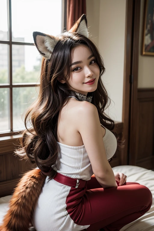 ((highest quality, 32k)), ((masterpiece)), (Familiar), Perfect Face, Fox woman, Beautiful woman, public, Has a tail, She has a fluffy tail, She has a red fox's tail., She wags her tail, smile, bell collar, She wears a dress, Beautiful Hips, Big Breasts, Big tail, A tail sticks out from inside the pants, Turn around on all fours
