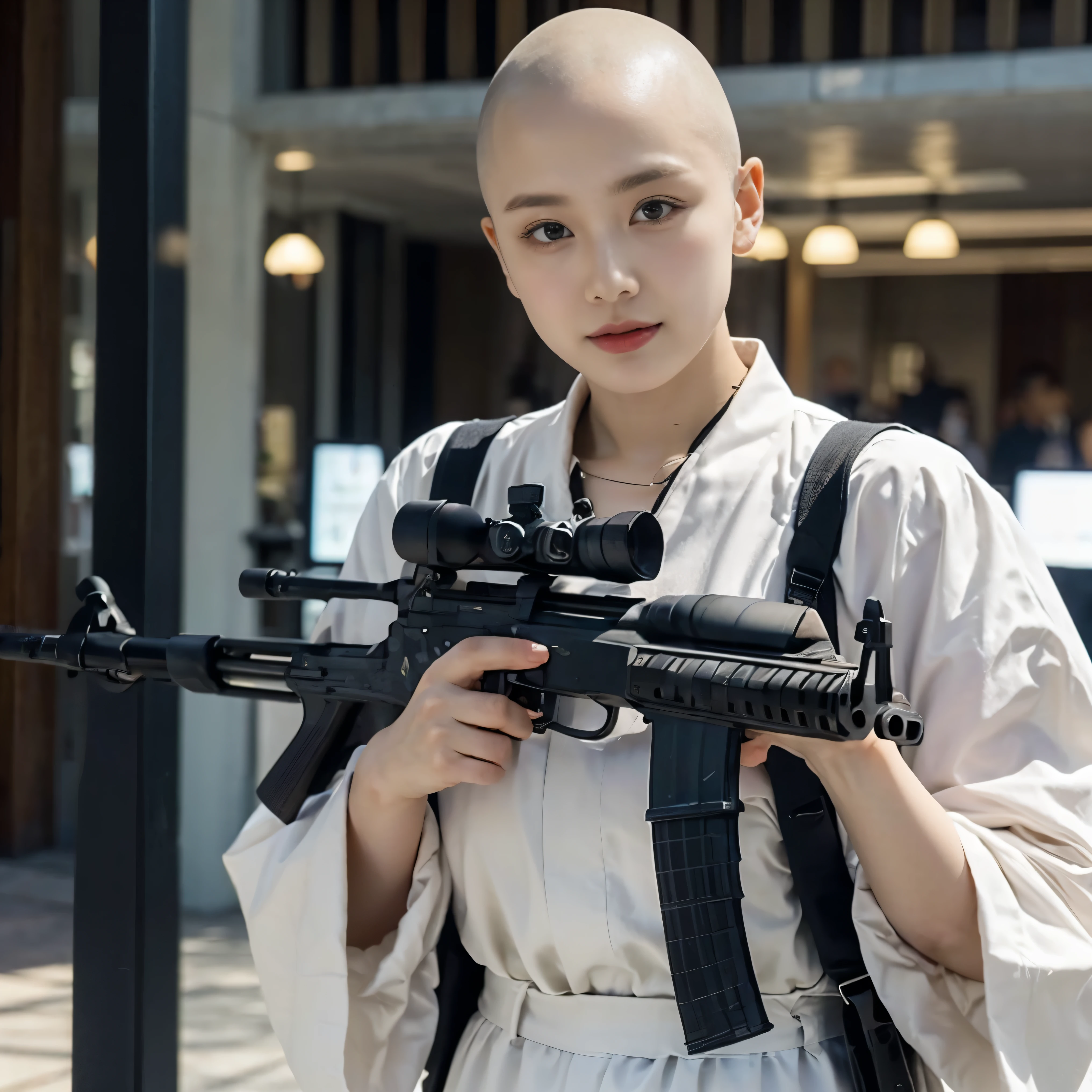 A beautiful nun、Wearing a monk&#39;s robe:1.3、Cowboy Shot、Big Breasts、(Skinhead:1.55)、(Aiming the Groza assault rifle at the viewer:1.67)、Standing at the altar of the chapel