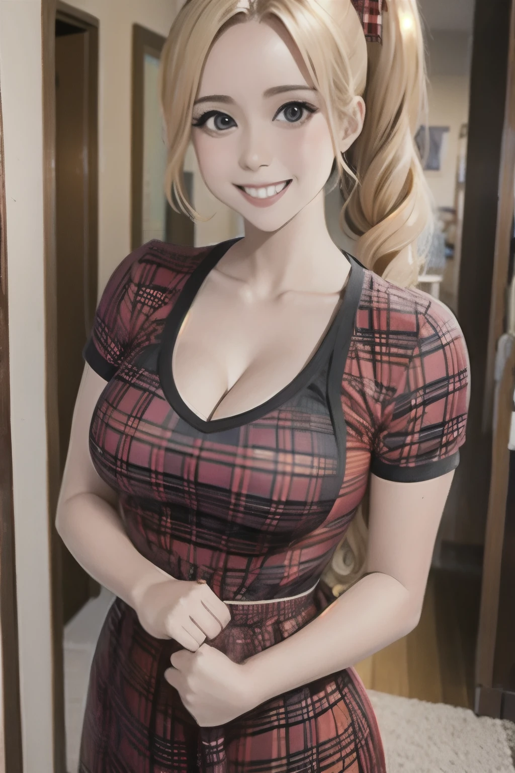 a blonde lady, 25, brown eyes, wearing a red plaid dress with her hair tied up in a ponytail, standing in a room smiling at the viewer.