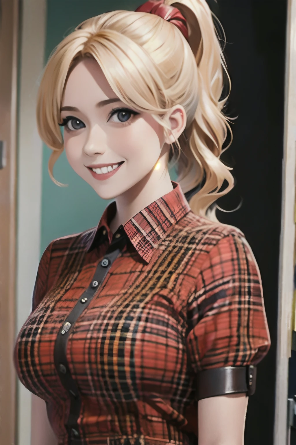 a blonde lady, 25, brown eyes, wearing a red plaid dress with her hair tied up in a ponytail, standing in a room smiling at the viewer.