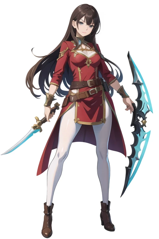 (stand posture), cute eyes, adult woman,, solo, high fantasy outfits, ((white background)), (full body), holding weapon, belt, character design, pantyhose,