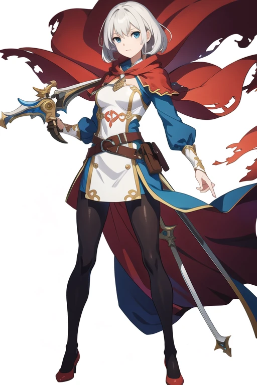 (stand posture), cute eyes, adult woman,, solo, high fantasy outfits, ((white background)), (full body), holding weapon, belt, character design, pantyhose,
