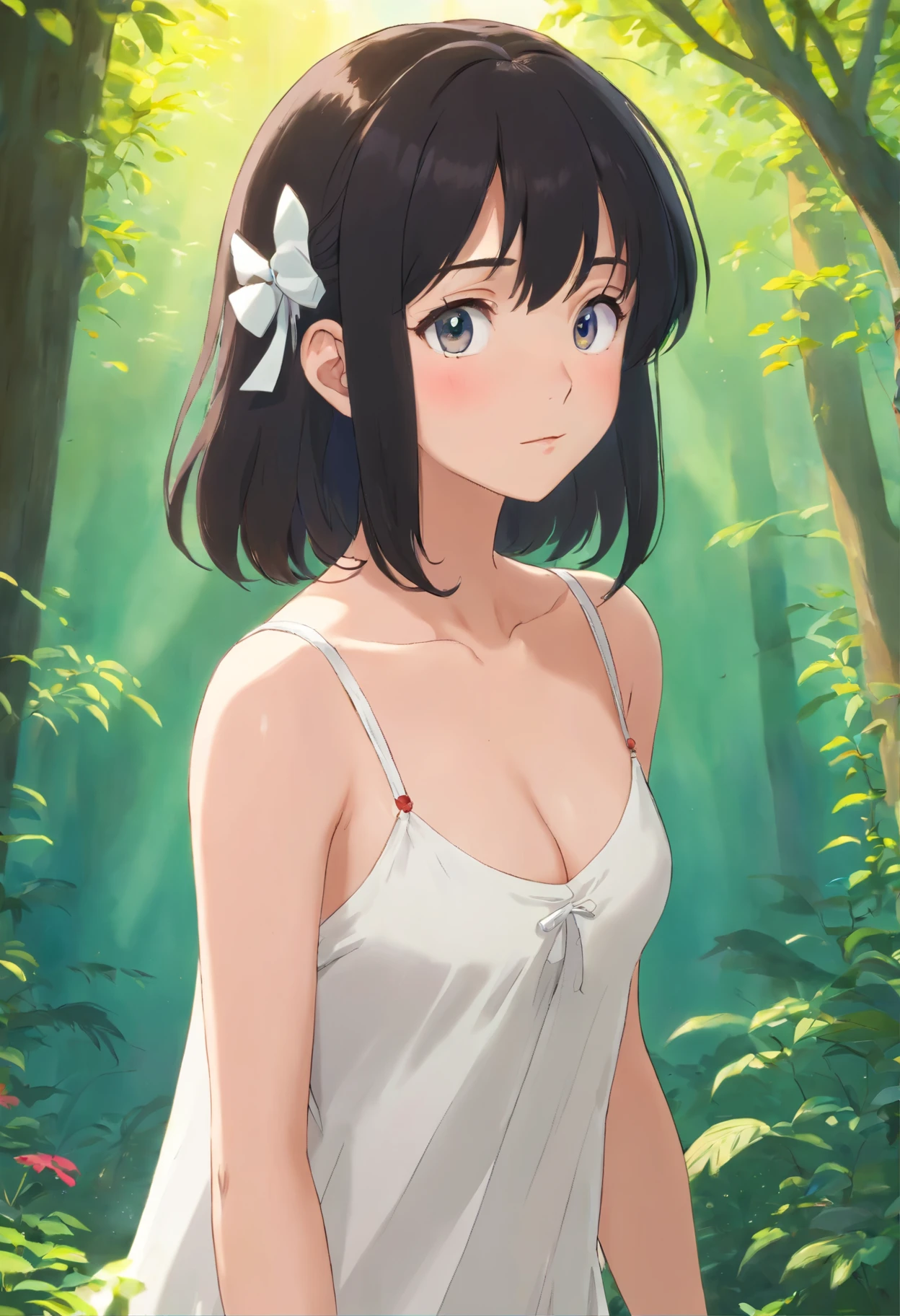 anime girl in white clothes, Realistic Shadows, Detailed skin, Very small breasts, Black Hair, Very detailed, 8kのVery detailedな顔, perfect face shape, Perfect Lips, Perfect Nose, Correct beautiful eyes, Audience, masterpiece, highest quality, Single woman, No bra, No pants, alone