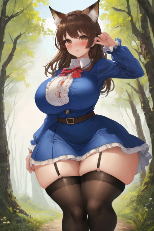 masterpiece, best quality, 1girl, forest, brown hair, long hair, fox ears, brown eyes, cute, blushing, (medieval villager clothes, medieval buttoned dress shirt, medieval frilled skirt, medieval stockings:1.4), (slim waist, curvy, gigantic breasts, bursting breasts, button gap, wide hips, huge thighs, bottomheavy:1.2)