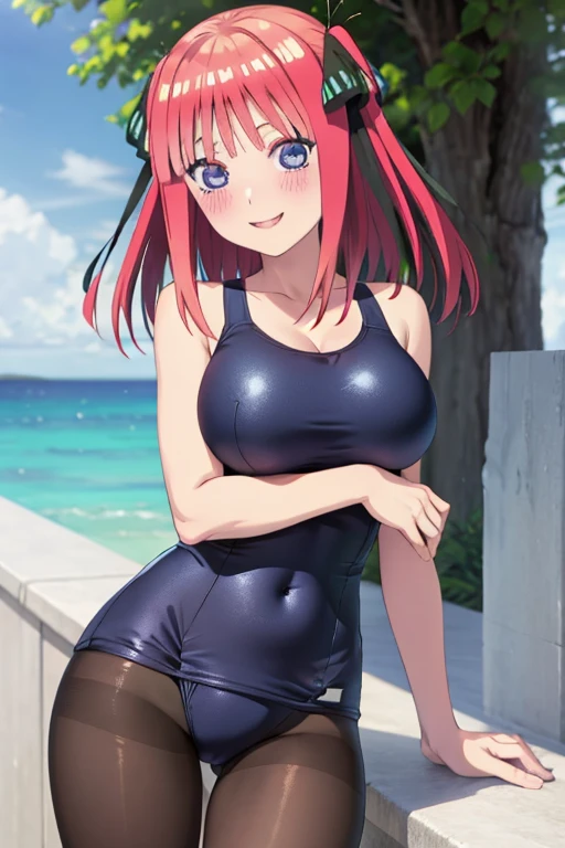 best quality, ultra-detailed masterpiece, anime art style, cute characters, nino nakano, one-piece swimsuit, large breasts, pantyhose, blush, smile