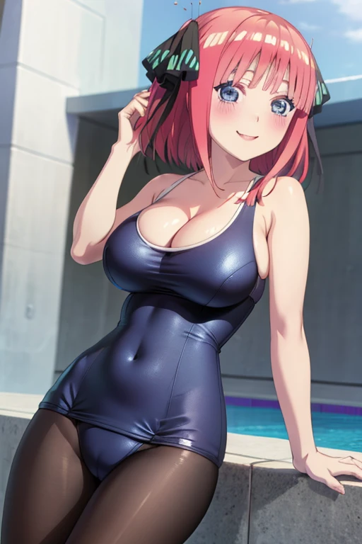best quality, ultra-detailed masterpiece, anime art style, cute characters, nino nakano, one-piece swimsuit, large breasts, pantyhose, blush, smile
