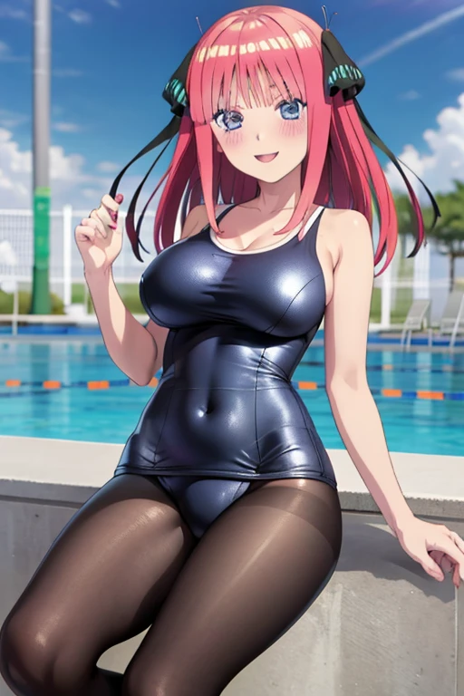 best quality, ultra-detailed masterpiece, anime art style, cute characters, nino nakano, one-piece swimsuit, large breasts, pantyhose, blush, smile