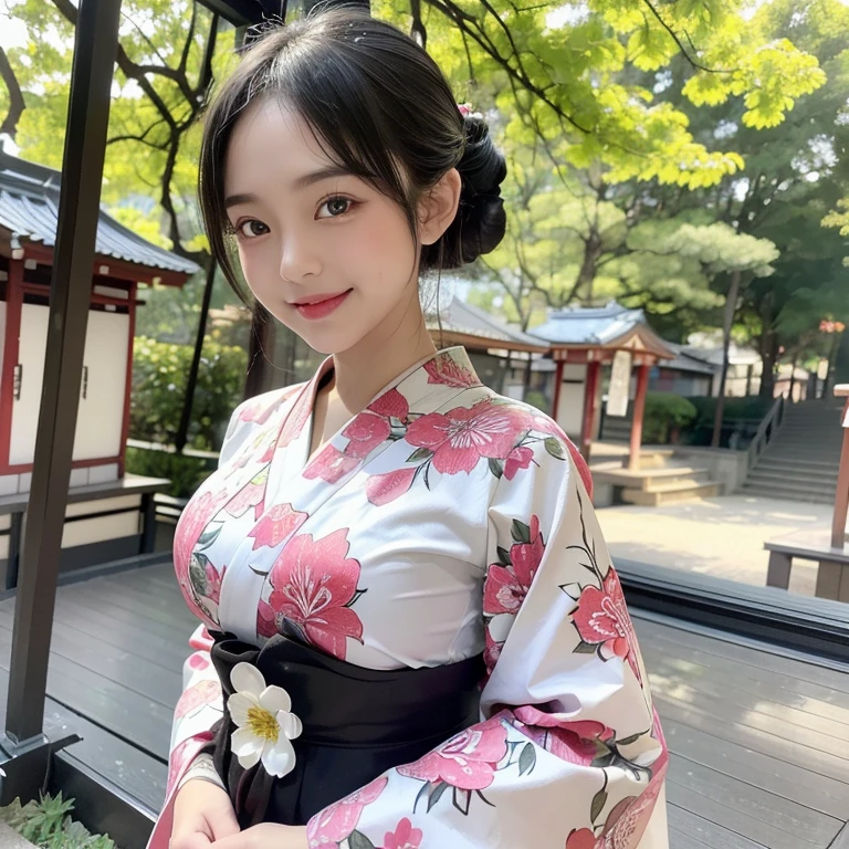 
highest quality, High resolution, (Realistic:1.2), 1 beautiful Japanese girl, Happy smile, High definition eyes, (Large eyes with thick, well-defined double eyelids:1.4), Droopy eyes, Dimples, Black Hair, Updo, Slender body, Small breasts, Traditional Japanese Kimono, Flower pattern kimono, Japanese Shrines, torii, Zen, noon, Bright light, 