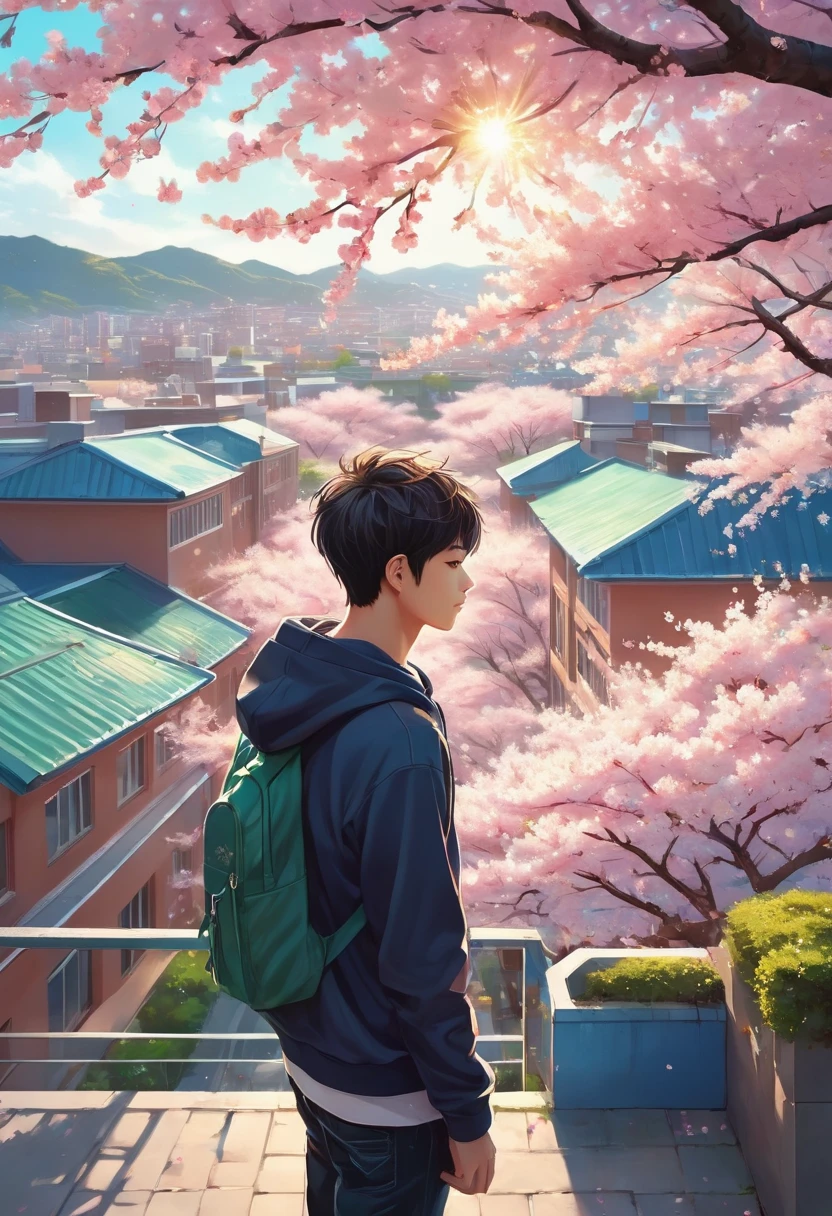 High school boy standing on the roof,Looking down on the schoolyard from the roof of a high school building,A male high school student wearing a hoodie standing on the roof,Cherry blossoms blooming in the schoolyard,blurred background,卒業に相応しい感傷的でFantasyな光景,spring,Cherry tree in full bloom,Scattering cherry blossom petals,today、My favorite senior is graduating,farewell,sadness,dream-like,Fantasy,Intricate details,Color illustrations,Zentangle Elements,rendering,colorful,colorfulな呪文を唱える,Wide range of colors,Intricate details,rendering,,masterpiece,最高masterpiece,highest quality,Beautiful light and shadow,