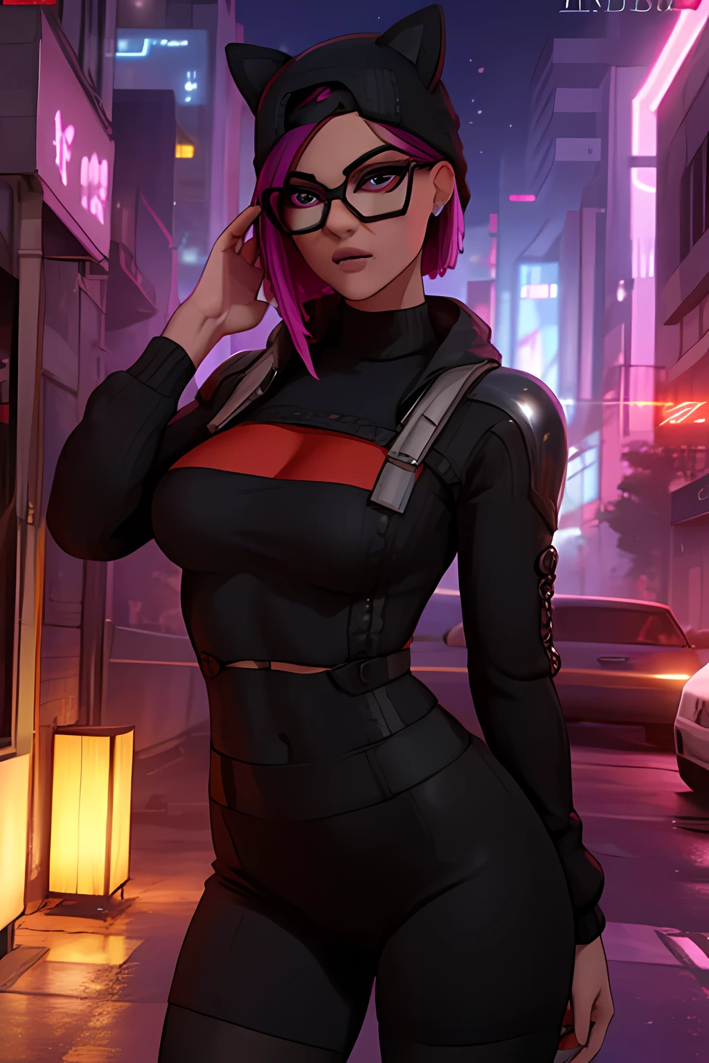 Traje de lino Cyberpunk, Noche, pulsera de picos,gorro, black sweater , Calzoncillos, Extremadamente detallado, rostro detallado, gafas ,hermoso rostro, ojos finos, mirando al espectador, pose femenino