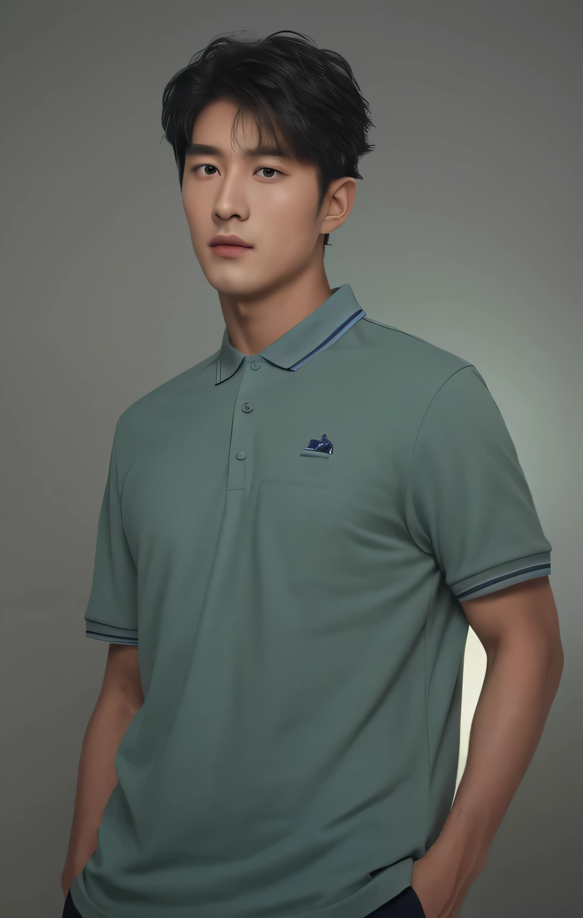 Man wearing dark blue polo shirt standing with hands in pockets, Short sleeve, Wearing a polo shirt, Pure gray, light grey, Medium Polyester, Casual Clothing, T 頂, Front view, Pure gray, Dark Green Polo Shirt, Basic Background, Inspired by Chen Daofu, portrait, sage green, Front profile, Patrick