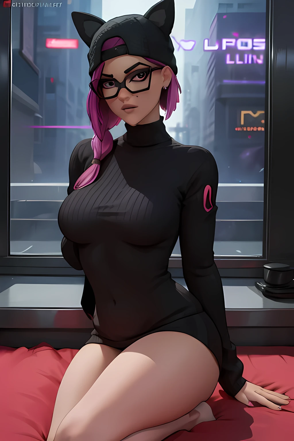 Traje de lino Cyberpunk, Noche, pulsera de picos,gorro, black sweater , Calzoncillos, Extremadamente detallado, rostro detallado, gafas ,hermoso rostro, ojos finos, mirando al espectador, pose femenino