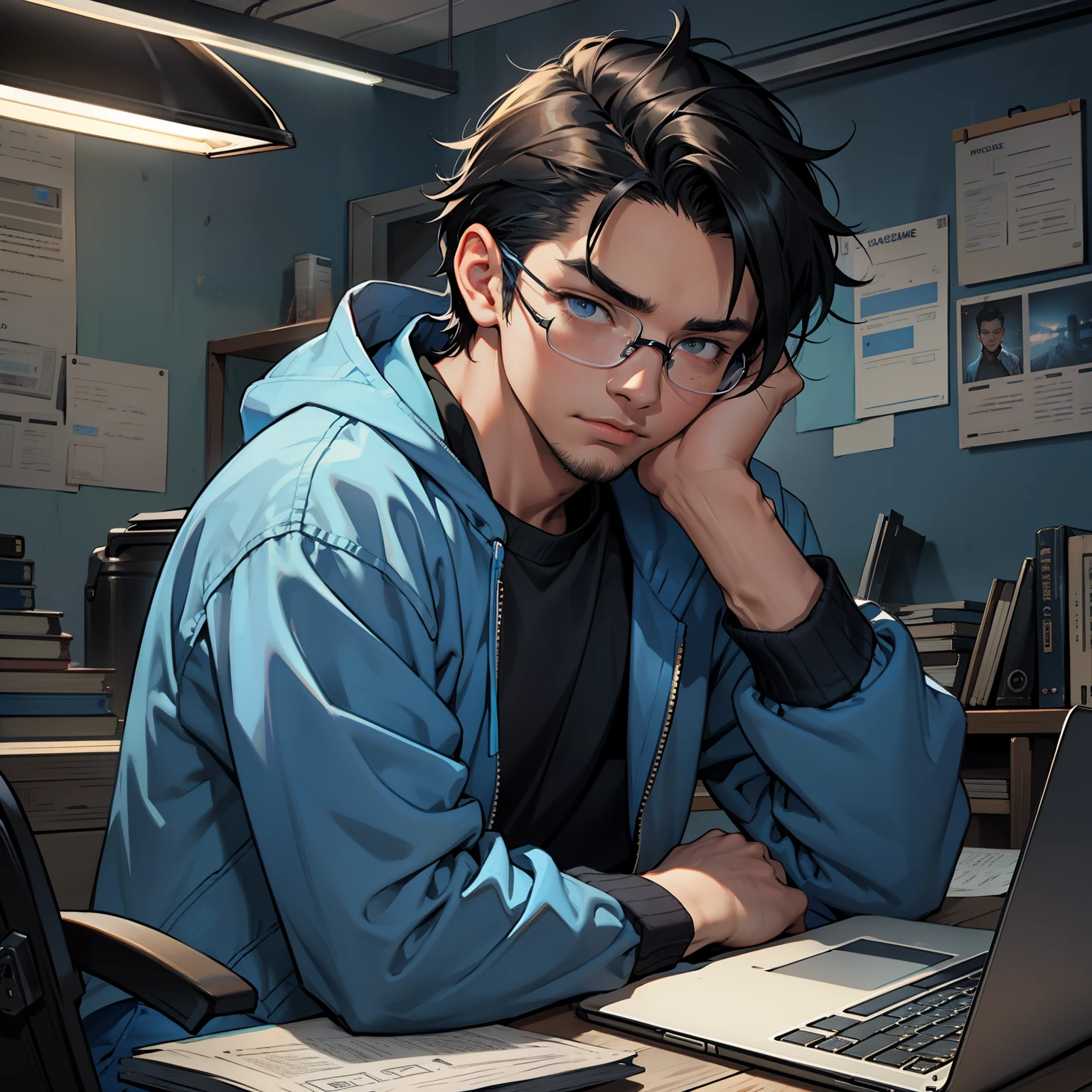 A seventeen-year-old boy intently focuses on his laptop, dressed in a blue jacket and black jeans. The table in front of him is cluttered with textbooks and papers, signifying his dedication to his studies. The wall behind him bears the bold, capitalized letters "BhadruSpout," a vivid reminder of his online persona or a project he's working on. The boy's expression is determined, as he leans closer to the screen, lost in the digital world. The room is dimly lit, creating a focused and intense atmosphere. The details on the boy's face are hyperrealistic, with stubble on his chin and thick eyebrows. His clothes cover his body naturally,