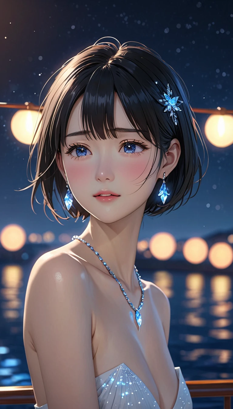 National Science Foundation,masterpiece,High resolution,8K,Art,digit,Three-dimensional,Realism,Kyoto Animation Style,your name movie style,Facing the camera,night,midnight,Soft Light,Glowing skin,(1 female: 1.3),(alone: 1.4),(((Black hair))),(Naked upper body),(crystal hairpin),(crystal necklace),(crystal earrings),Long eyelashes,slender legs,Short Bob,Close-up of upper body,Close-up,close view,(on a cruise ship),Starry eyes,(close eyes),Stretch your arms to the sides and feel the breeze,(blush),(shy),(shy),(((cry))),(((shed tears))),(((feel sad)))