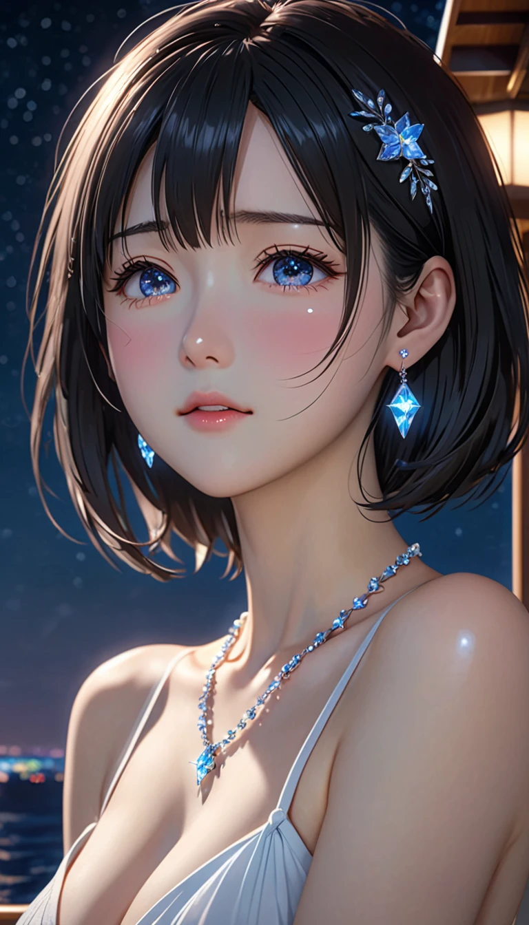 National Science Foundation,masterpiece,High resolution,8K,Art,digit,Three-dimensional,Realism,Kyoto Animation Style,your name movie style,Facing the camera,night,midnight,Soft Light,Glowing skin,(1 female: 1.3),(alone: 1.4),(((Black hair))),(Naked upper body),(crystal hairpin),(crystal necklace),(crystal earrings),Long eyelashes,slender legs,Short Bob,Close-up of upper body,Close-up,close view,(on a cruise ship),Starry eyes,(close eyes),Stretch your arms to the sides and feel the breeze,(blush),(shy),(shy),(((cry))),(((shed tears))),(((feel sad)))