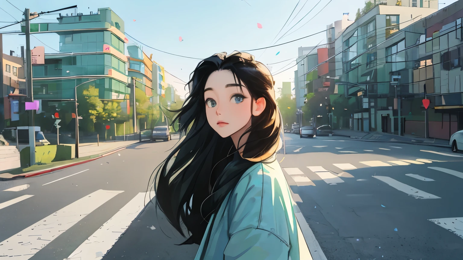 ((masterpiece)),(((bestquality))),((ultra-detailed)) realisticlying, blue sky., 1 girl, Beautiful, black long hair, road side, soft green, flowers, The sky morning, looking to viewer, , city, road, pose next to the traffic light, blue mountain.