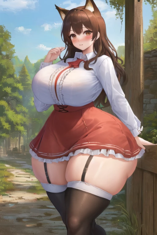 masterpiece, best quality, 1girl, forest, brown hair, long hair, fox ears, brown eyes, cute, blushing, (medieval villager clothes, medieval buttoned dress shirt, medieval frilled skirt, medieval stockings:1.4), (slim waist, curvy, gigantic breasts, bursting breasts, wide hips, huge thighs, bottomheavy:1.2)
