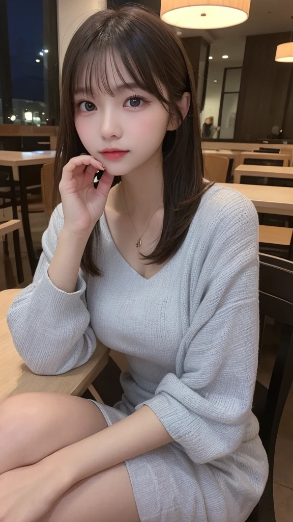 Tabletop, highest quality, figure, Very detailed, In detail, High resolution, 8k wallpaper, Perfect dynamic composition, Beautiful fine details, tight mini,Medium Hair,,Natural color lip, Randomly sexy poses、20-year-old girl、cute、sexy shot looking at camera,cute long-sleeved dress,Narrow Face,Slender body,Night Scenery