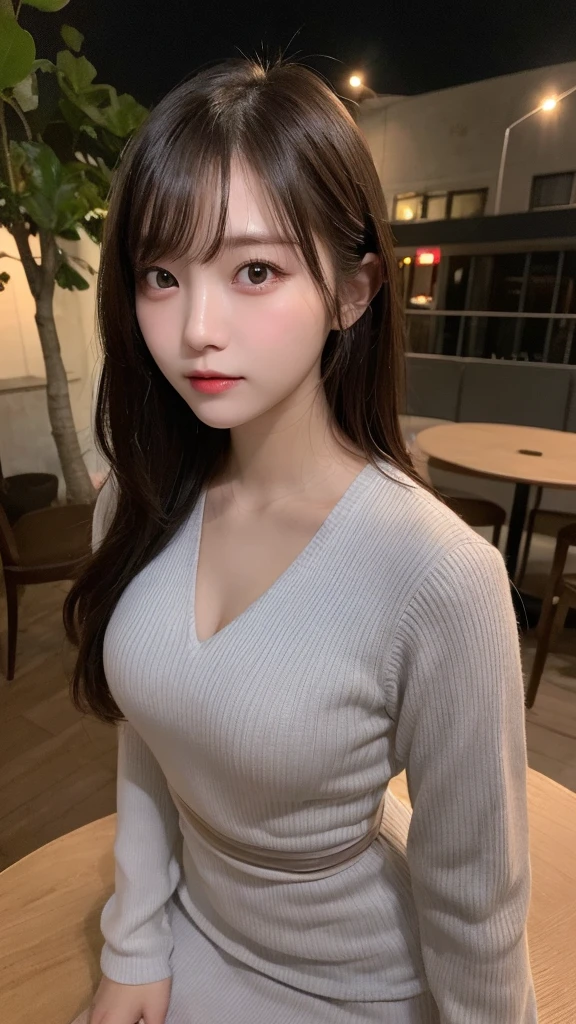 Tabletop, highest quality, figure, Very detailed, In detail, High resolution, 8k wallpaper, Perfect dynamic composition, Beautiful fine details, tight mini,Medium Hair,,Natural color lip, Randomly sexy poses、20-year-old girl、cute、sexy shot looking at camera,cute long-sleeved dress,Narrow Face,Slender body,Night Scenery