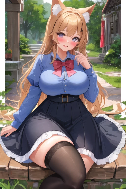 masterpiece, best quality, 1girl, forest, brown hair, long hair, fox ears, brown eyes, cute, blushing, (medieval villager clothes, medieval buttoned dress shirt, medieval frilled skirt, medieval stockings:1.4), (slim waist, curvy, gigantic breasts, bursting breasts, wide hips, huge thighs, gigantic ass, bottomheavy:1.2)