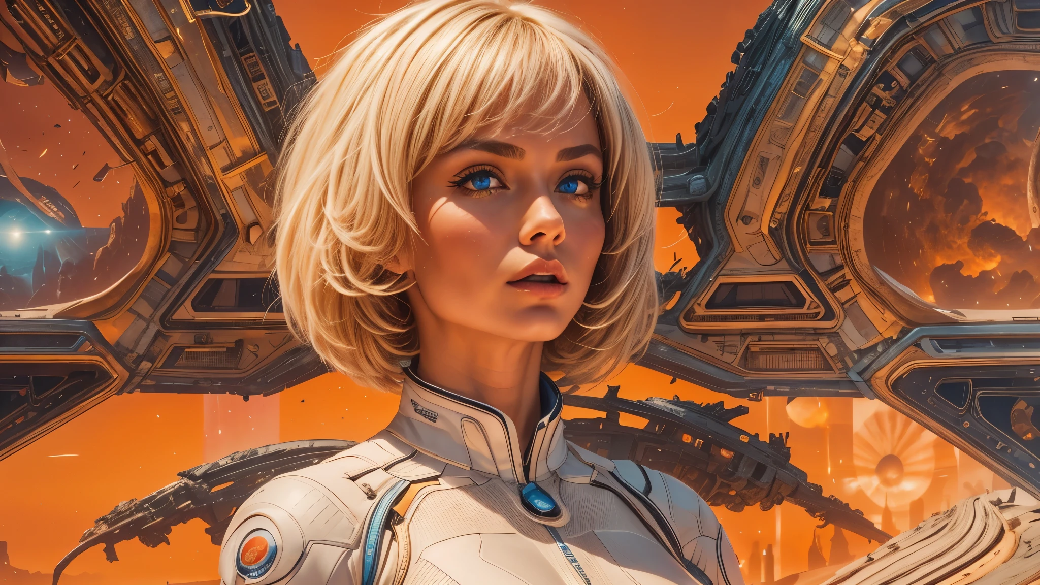 arafed image of a white woman in a futuristic suit with a spaceship in the background, movie art, in front of an orange background, inspired by Robert McGinnis, female protagonist, megastructure in the background, portrait of an ai astronaut, astronauts, an astronaut, portrait of a astronaut skeletor, perfect android girl, detailed eyes, perfectly detailed teeth, frank franzzeta and sakimichan