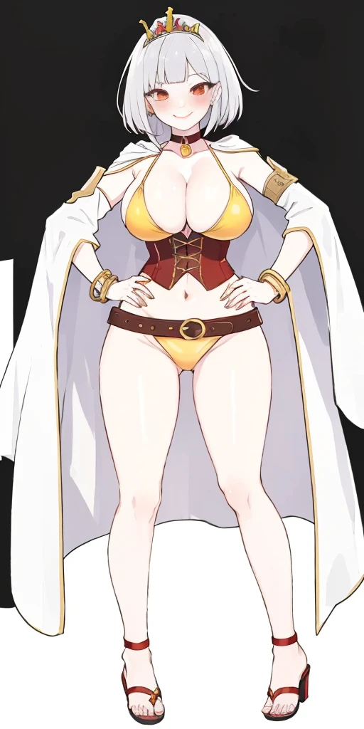 ((BLACK BACKGROUND,1:2, masterpiece)), full body MILF BIMBO standing with two long thighs and two high heels, red eyes, silver white hair, short bob style hair, big breasts, cleavage, separate sleeves, tiara royal, long cape up to two feet, yellow bikini, hands on waist, navel, lustful smirking smiling, smile face (red blushed, red cheeks), metal shoulders, gold sleeveless armbands, black leather choker slave collar, shackle bracelets, slave red crest, full body MILF BIMBO standing with two long thighs and two metal sandals, red eyes, silver white hair, short bob style hair, big breasts, cleavage, separate sleeves, tiara royal, long cape up to two feet, yellow bikini, hands on waist, navel, lustful smirking smiling, smile face (red blushed, red cheeks), metal shoulders, gold sleeveless armbands, black leather choker slave collar, shackle bracelets, slave red crest, pauldrons, breastplate, corset, eye focus, full body, whole body 1solo slave fighter, loincloth standing, hands on hips, metal sandals, backpack, choker, big belt around waist, view from below, feet together, bracers, tiara)