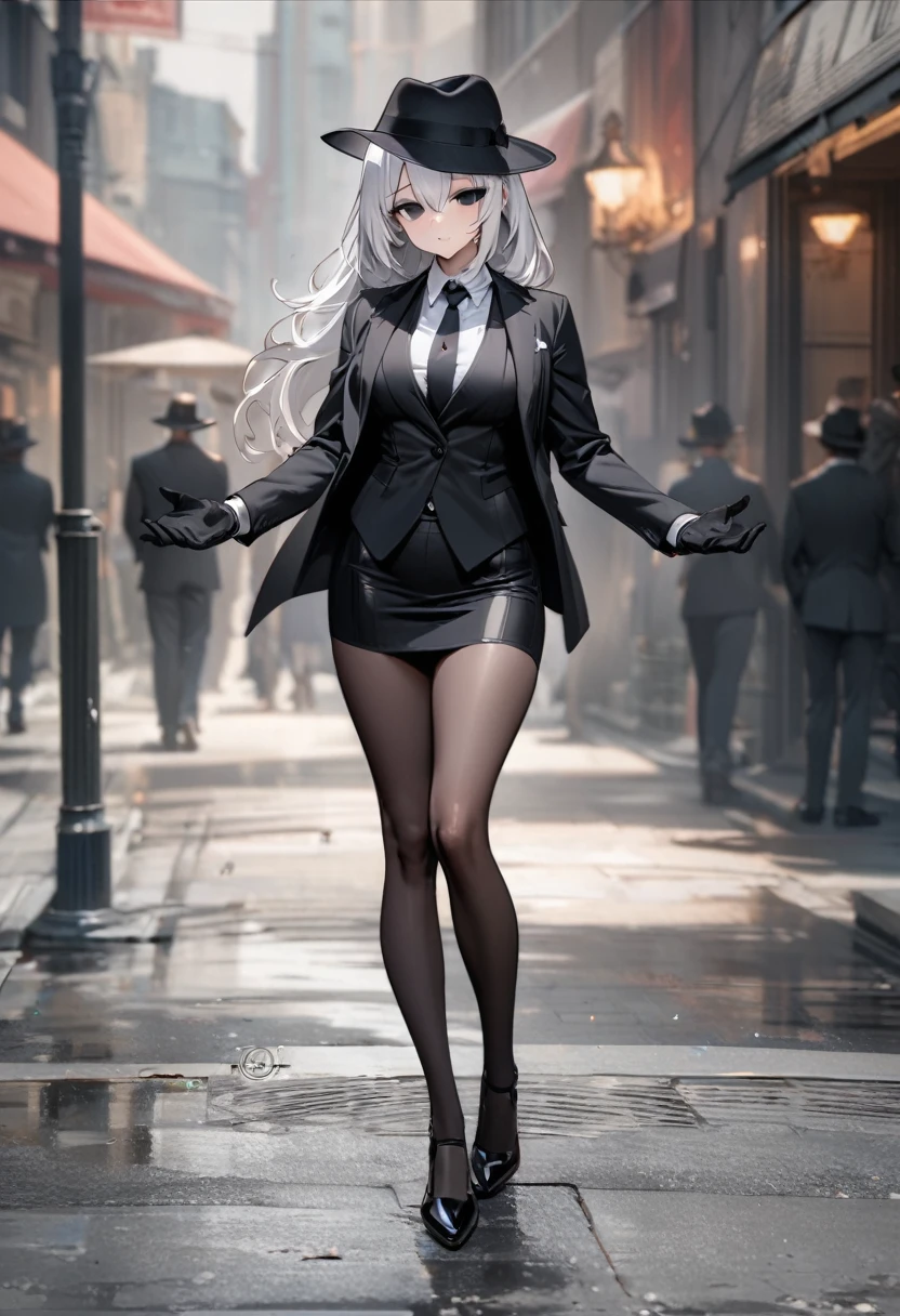 Masterpiece, Improved quality, High quality, Good anatomy, Well-formed hands, Healthy body, Intact fingers, Normal digits, 4k quality image, girl, handsome girl, perfect girl, full body, perfect girl, white hair, mini black skirt, black shirt, black tie, black vest, black suit, black jacket, fedora hat, black gloves, empty eyes/black eyes,