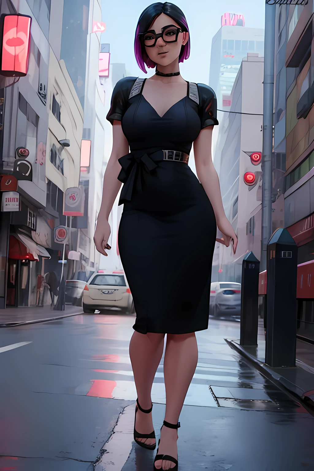 Traje de lino Cyberpunk, Noche, falda negra, medias negras con tacones, blusa Blanca, gafas