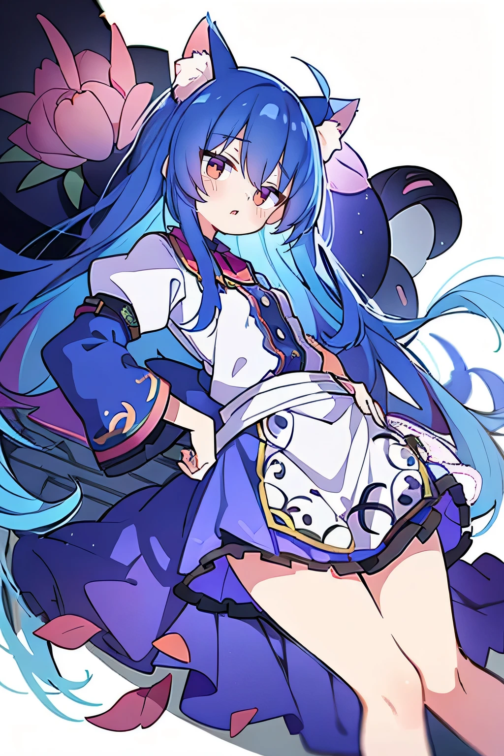 (Masterpiece), best quality, expressive eyes, perfect face, 1girl,
Put your hands on your waist, fair, gorgeous, Japanese comics, girl, Lola, young angel, blue hair, blue hair, flowing clothes, hug the waist, hug the waist, hands on hips, hands on hips, lay down , lying on the ground, legs on the ground, flat chest, cat ears,Petals fall,dark blue eyes,