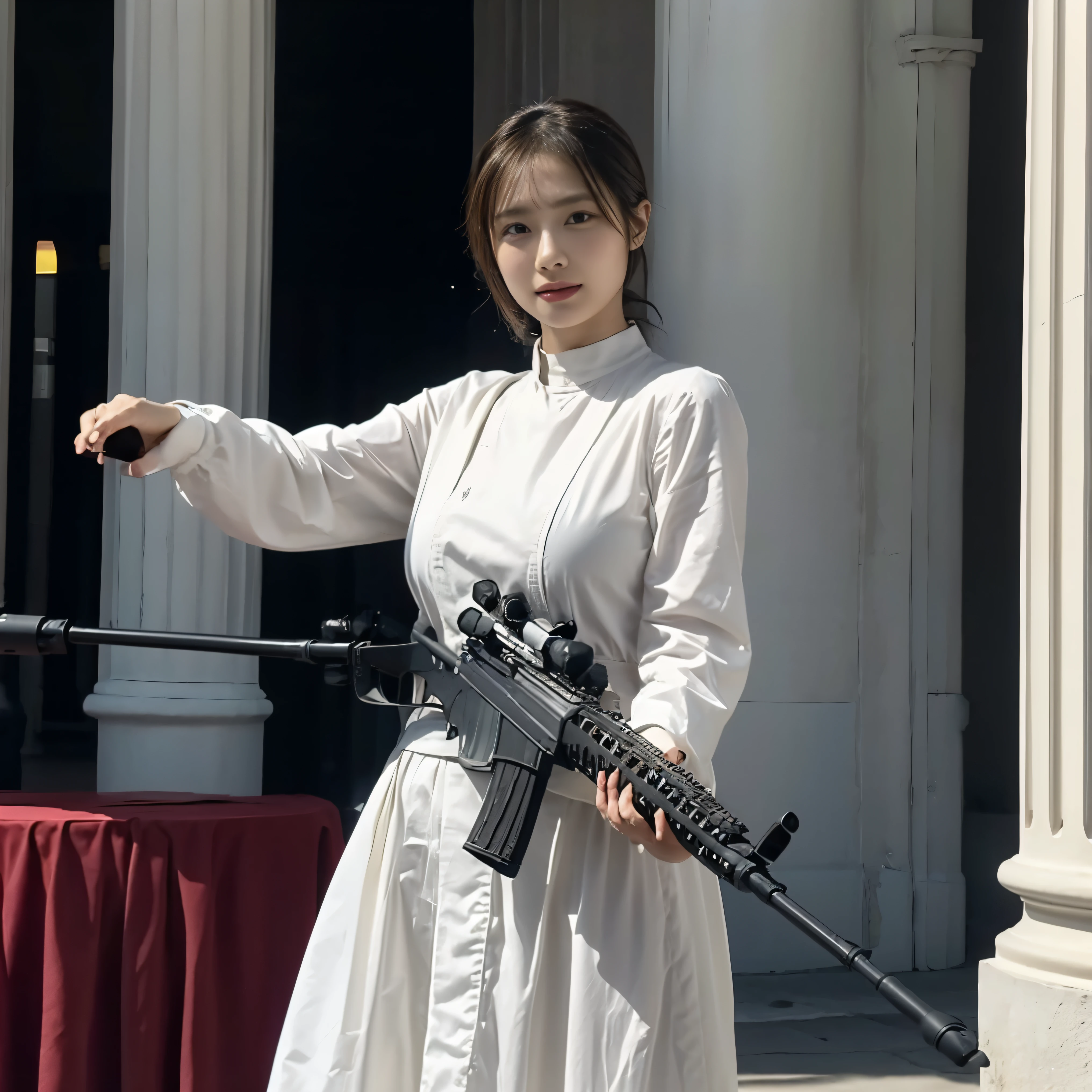 A beautiful nun、Wearing a monk&#39;s robe:1.3、Cowboy Shot、Big Breasts、(Skinhead:1.55)、(Aiming the Groza assault rifle at the viewer:1.67)、Dynamic Pose、Standing at the altar of the chapel、Stained glass、Hymns、