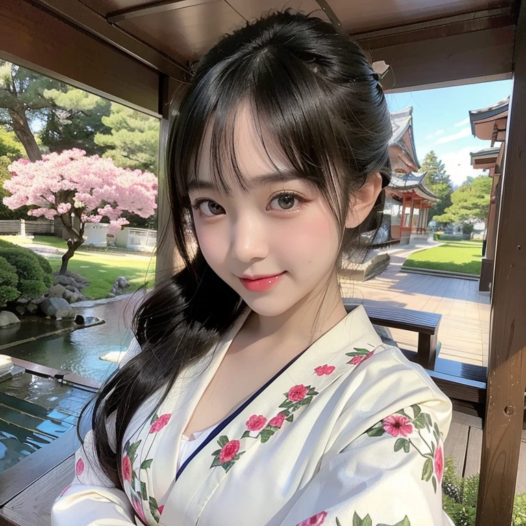 
highest quality, High resolution, (Realistic:1.2), 1 beautiful Japanese girl, Happy smile, High definition eyes, (Large eyes with thick, well-defined double eyelids:1.4), Droopy eyes, Dimples, Black Hair, Updo, Slender body, Small breasts, Traditional Japanese Kimono, Flower pattern kimono, Japanese Shrines, torii, Zen, noon, Bright light, 