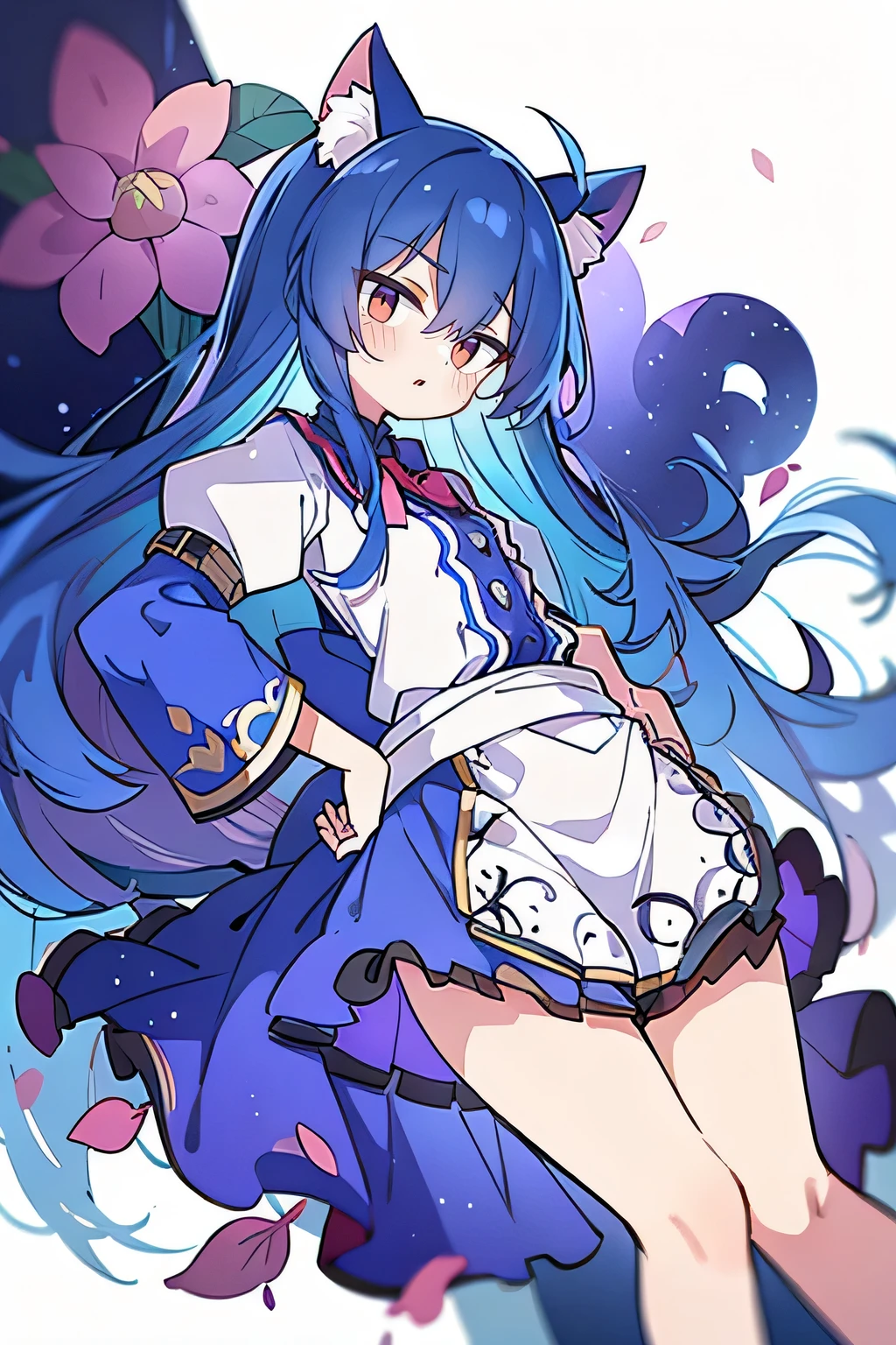(Masterpiece), best quality, expressive eyes, perfect face, 1girl,
 Put your hands on your waist, fair, gorgeous, Japanese comics, girl, Lola, young angel, blue hair, blue hair, flowing clothes, hug the waist, hug the waist, hands on hips, hands on hips, lay down , lying on the ground, legs on the ground, flat chest, cat ears,Petals fall,dark blue eyes,