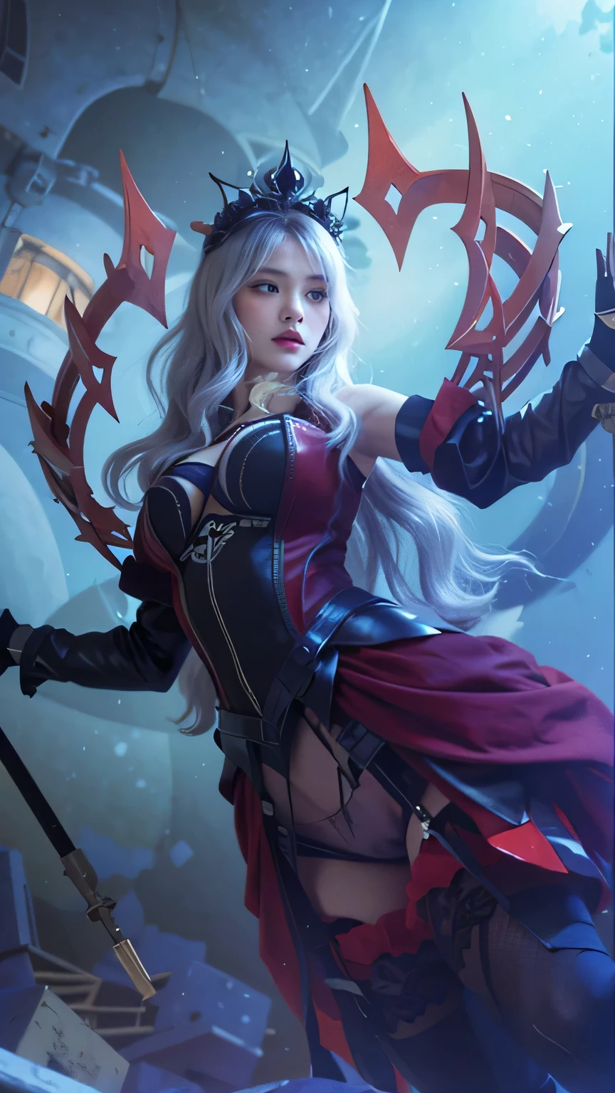 extremamente detalhado, rainha do gelo Elsa edulta, Poderes do caos, Deslumbrante armadura decodificada do rei da morte , braided blonde hair, Olhos azuis Brilhantes, Ambiente maligno, Satanic magic, neve caindo suavemente.Extreme demonic evil,Rainha Lich,gostosa,peitos grandes e cintura pequena,icecrown citadel