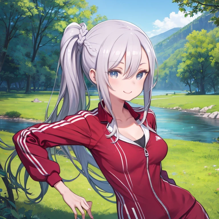 red eyes, accelerator (toaru majutsu no index), white hair, shirt, girl:1.3, big breasts, soft features, round face, outdoors, lake, smile, blush, upper body, fat
