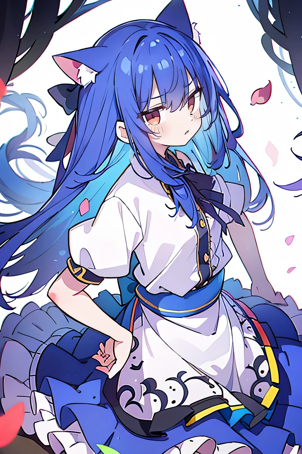 (Masterpiece), best quality, expressive eyes, perfect face, 1girl,
Put your hands on your waist, fair, gorgeous, Japanese comics, girl, Lola, young angel, blue hair, blue hair, flowing clothes, hug the waist, hug the waist, hands on hips, hands on hips, lay down , lying on the ground, legs on the ground, flat chest, cat ears,Petals fall,dark blue eyes,