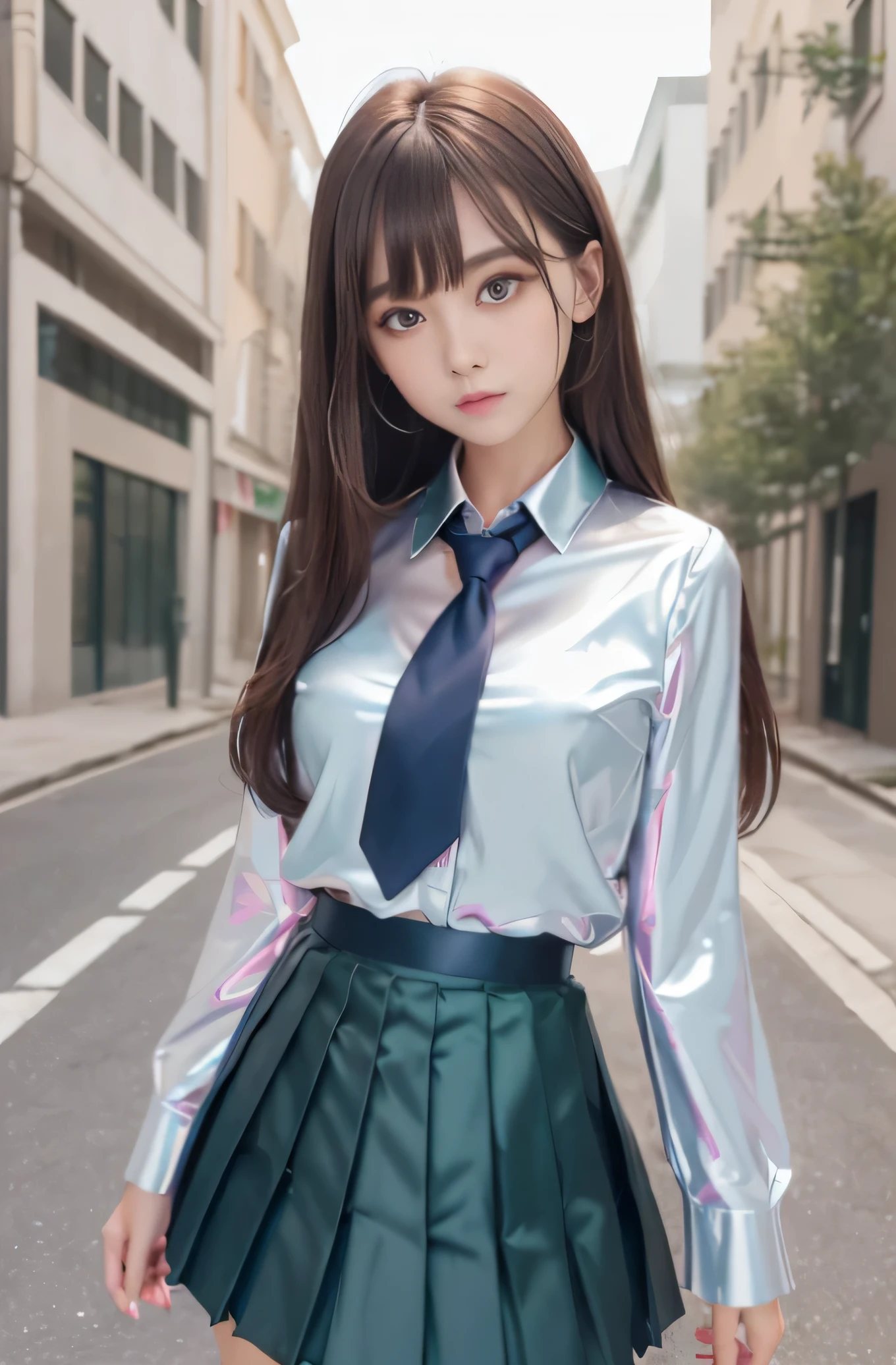 Angelic Very beautiful cute girl,11 yo,
Beautiful detailed eyes,
Detailed double eyelids,
(Large eyes:1.4),
Long straight brown hair,
see-through bangs,
Sharp Focus,small straight nose,
beautiful detailed face and eyes,
drooping eyes,
(Soft Saturation: 1.3), (Fair skin: 1.2),BREAK (super shiny metallic dark green blazer:1.3),(metallic pearl white school blouse),(shiny metallic bright pink neck ribbon tie:1.2),(super shiny metallic dark blue pleated skirt :1.5),(school uniform with super reflective surfaces:1.5),Walking,
Costume lighting,
In the street ,
(Brown hair:1.3),