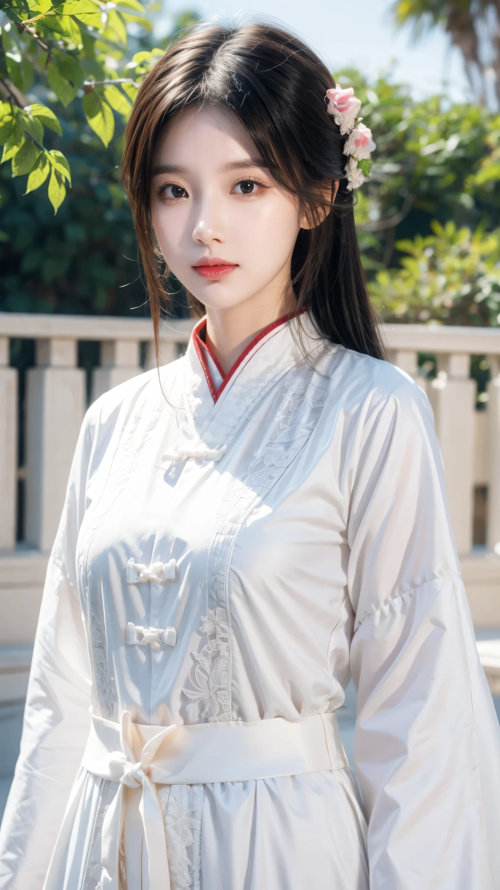 A girl, Chinese Clothing, whole body, Sunlight, Clear face, Clean white background, masterpiece, Super Detail, Epic creation, Ultra HD, high quality, Extremely detailed, official art, 8K Wallpaper, Super Detail, 32k