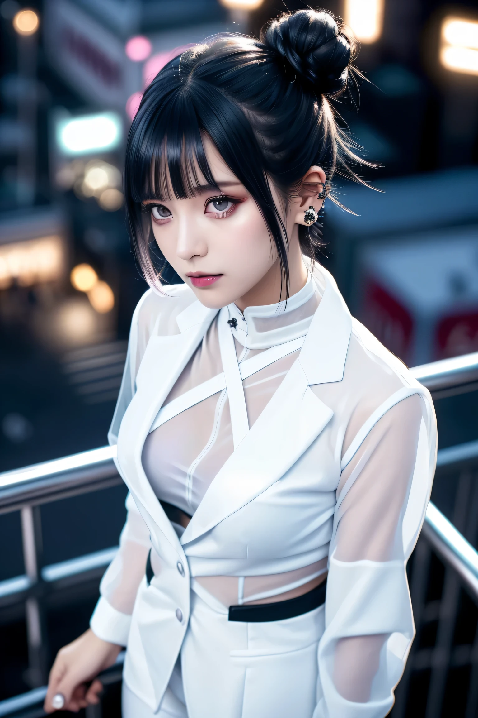 ((Building Rooftop: 1,3)), ((Goth_Punk, Alone, Medium Shot, Walking on Rooftop in Harajuku, ((Night)), Blur, Neon Light, Iridescent Eyes, Starry Sky, Glowing Black Hair, White Eyebrows, Shiny Hair, (Iridescent Black Hair), Earrings, Bun, Jewelry, Dull Bangs, Busy Eyes, Background Blur, Blur, Hair Adornment, Gaze, Short Hair, Portrait, Side Lock BREAK ((Swedish Girl, White Skin, White People)),((Women's Job Suit:1.3)), BREAK (Gal: 1. 1),(Glamour: 1. 3),(night),(supermodel: 1.3)),BREAK ((earrings, rings)), cowboy shot,((tall person)),((android)),((upward looking)),((top angle:1. 3)), from above, looking at camera,((event companion)),((thin see-through)) tight fitting underwear with straps))