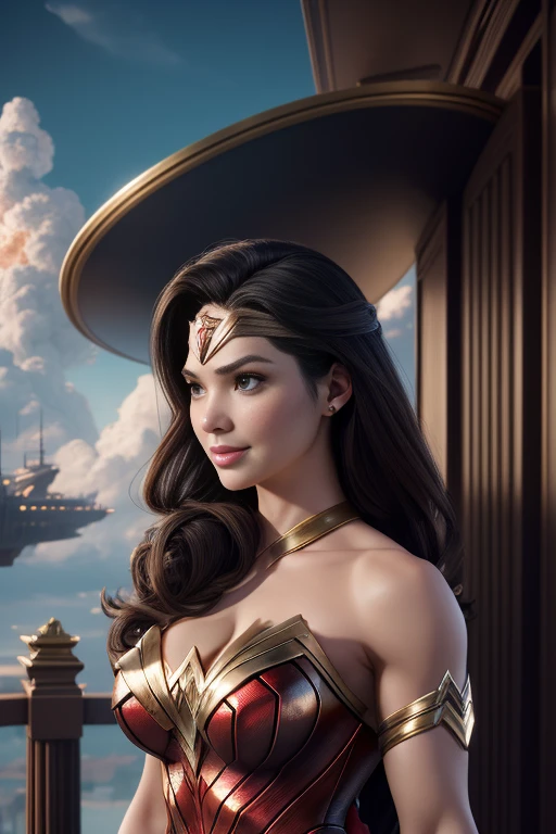 Sexy Wonder Woman as a bondage slave portrait photography by artgerm, in the style of realism, glistening skin, cartooncore, mangacore, natural lighting, Defined full lips. Muscular fitness feminine body, 
w0nd3rw0m4n,wonder woman outfit,cleavage, (focus on character:1.1), portrait, solo, upper body, detailed background, detailed face, (data-space, NodesTech theme:1.1), aristocratic pose, smiling, ruling class, elegant clothing, elegant hat, looking up at floating (cloud city:1.1), cloudtop sky-city, floating platforms, floating buildings, dome, railing, bridges, propellers, clouds in background, cinematic atmosphere