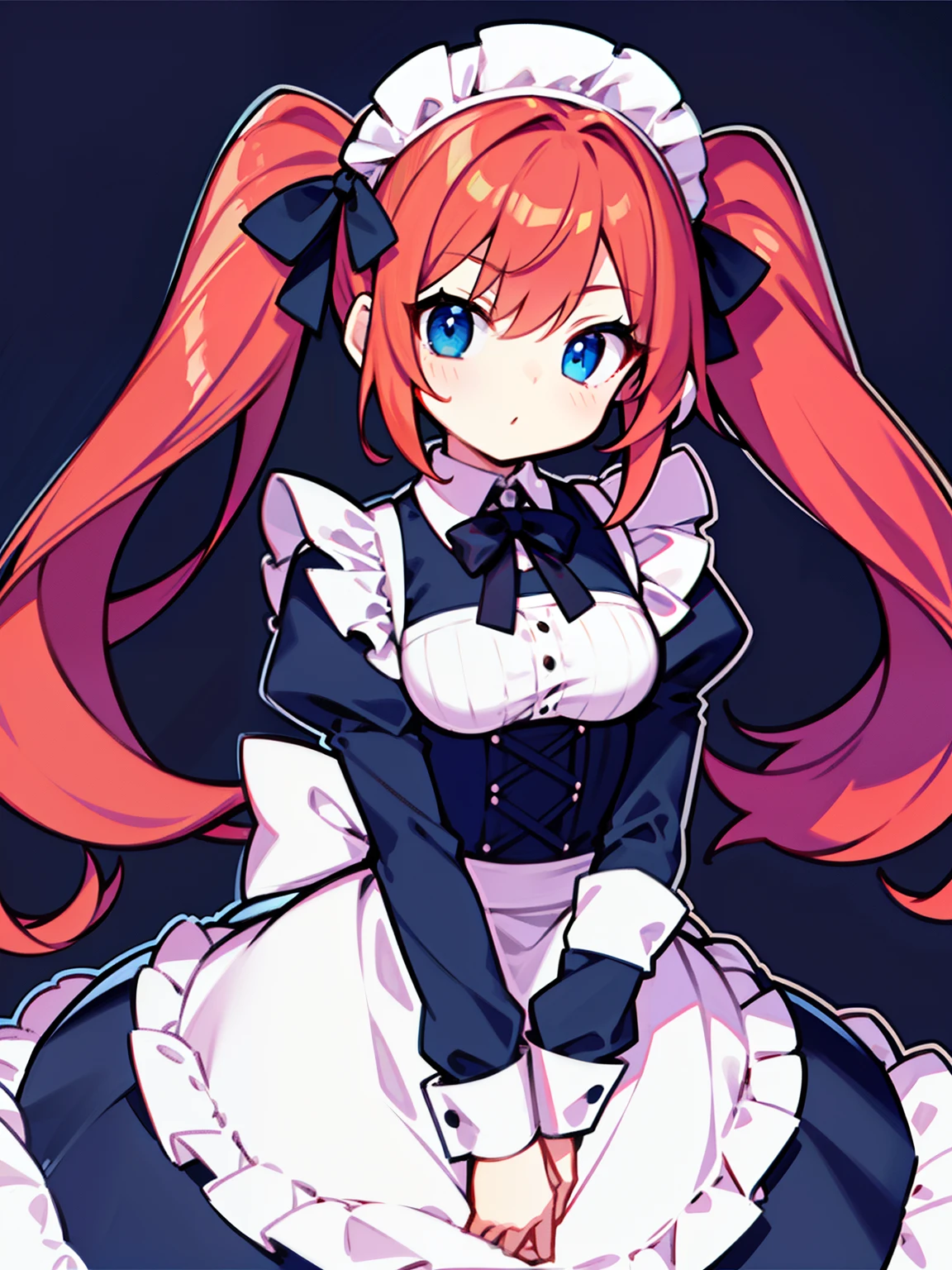 {{best quality}}, {{masterpiece}}, {{ultra-detailed}}, {illustration}, {detailed light}, red hair,blue eyes,twintails,maid, long hair, long sleeves, gothic, solo, ,,cute